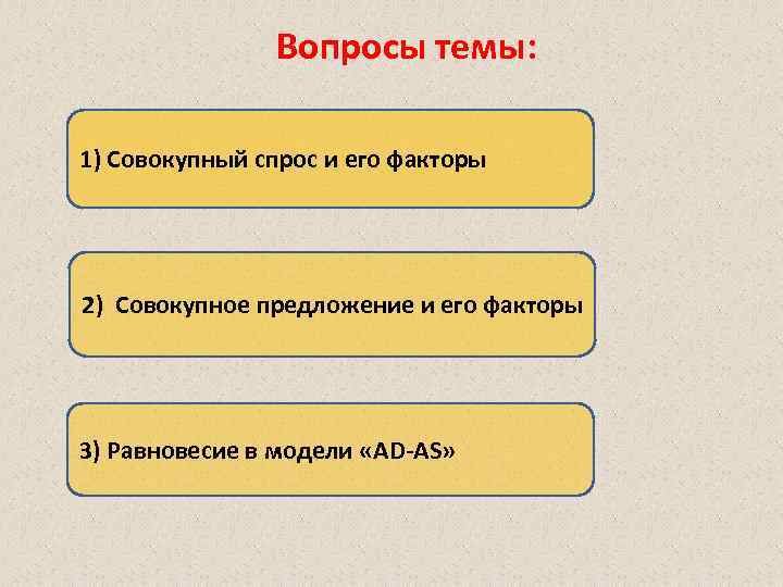 Вопросы темы: 1) Совокупный спрос и его факторы 2) Совокупное предложение и его факторы