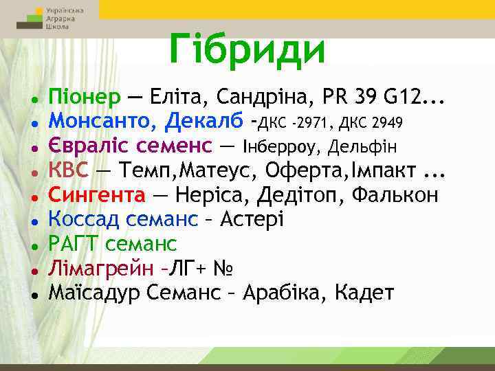 Гібриди Піонер — Еліта, Сандріна, РR 39 G 12. . . Монсанто, Декалб -ДКС