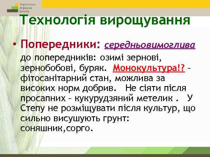 Технологія вирощування • Попередники: середньовимоглива до попередників: озимі зернові, зернобобові, буряк. Монокультура!? – фітосанітарний