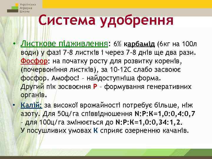 Система удобрення • Листкове підживлення: 6% карбамід (6 кг на 100 л води) у