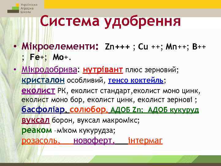 Система удобрення • Мікроелементи: Zn+++ ; Cu ++; Mn++; B++ ; Fe+; Mo+. •