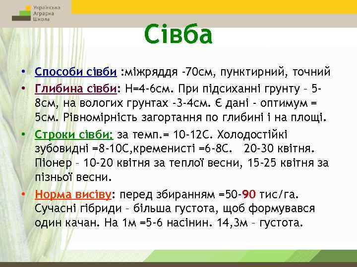 Сівба • Способи сівби : міжряддя -70 см, пунктирний, точний • Глибина сівби: Н=4