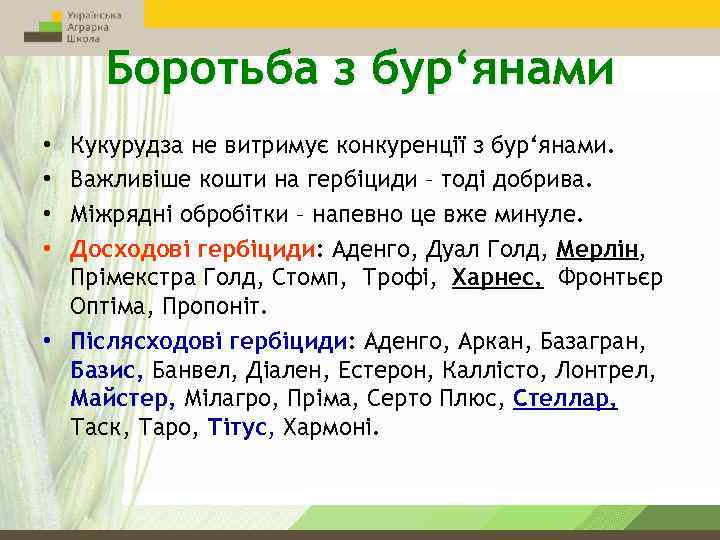 Боротьба з бур‘янами Кукурудза не витримує конкуренції з бур‘янами. Важливіше кошти на гербіциди –