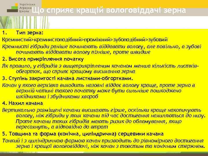 Що сприяє кращій вологовіддачі зерна кукурудзи 1. Тип зерна: Кремнистий>кремнистоподібний>проміжний>зубоподібний>зубовий Кремнисті гібриди раніше починають