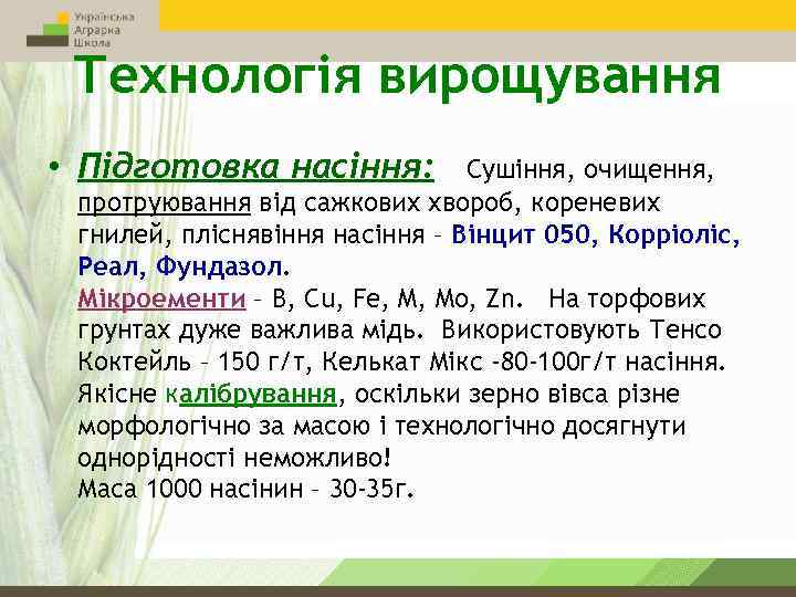 Технологія вирощування • Підготовка насіння: Сушіння, очищення, протруювання від сажкових хвороб, кореневих гнилей, пліснявіння