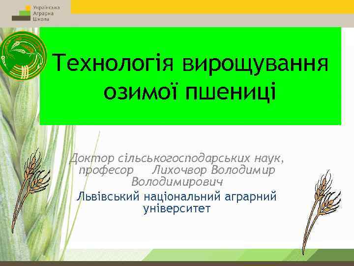Технологія вирощування озимої пшениці Доктор сільськогосподарських наук, професор Лихочвор Володимирович Львівський національний аграрний університет