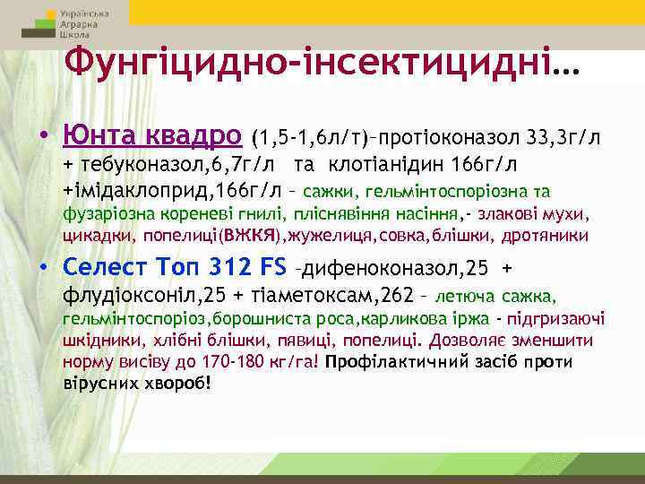 Фунгіцидно-інсектицидні… • Юнта квадро (1, 5 -1, 6 л/т)–протіоконазол 33, 3 г/л + тебуконазол,