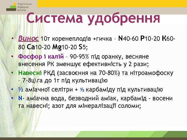 Система удобрення • Винос 10 т коренеплодів +гичка – N 40 -60 Р 10