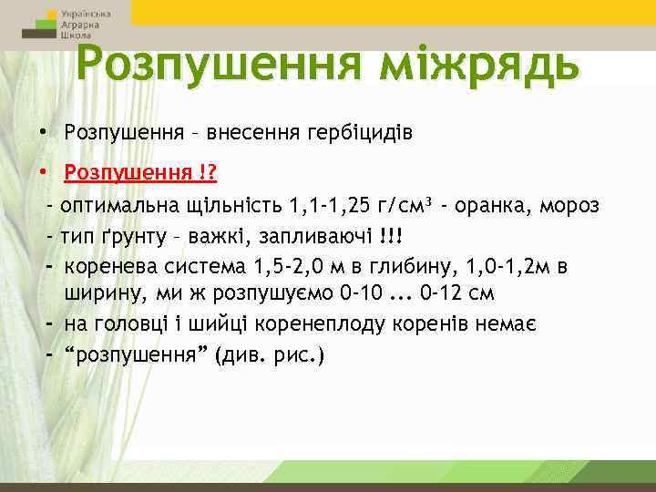 Розпушення міжрядь • Розпушення – внесення гербіцидів • Розпушення !? - оптимальна щільність 1,