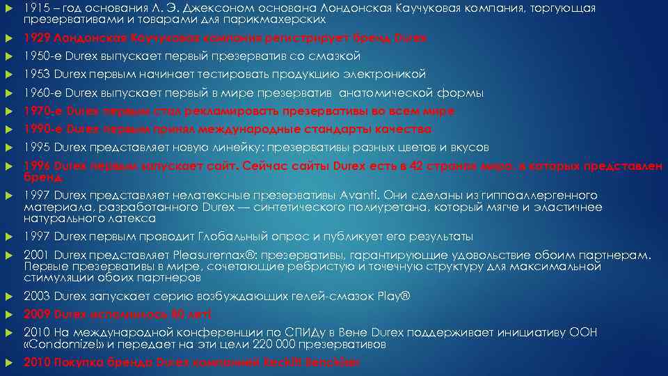  1915 – год основания Л. Э. Джексоном основана Лондонская Каучуковая компания, торгующая презервативами
