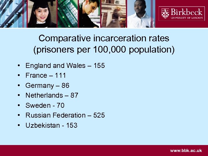 Comparative incarceration rates (prisoners per 100, 000 population) • • England Wales – 155