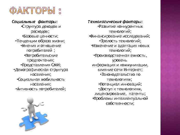 Социальные факторы: • Структура доходов и расходов; • Базовые ценности; • Тенденции образа жизни;