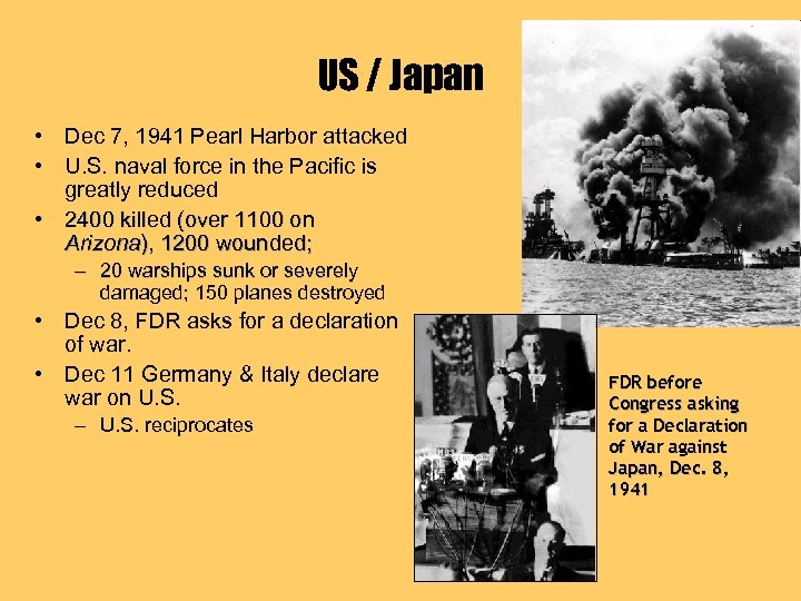 US / Japan • Dec 7, 1941 Pearl Harbor attacked • U. S. naval