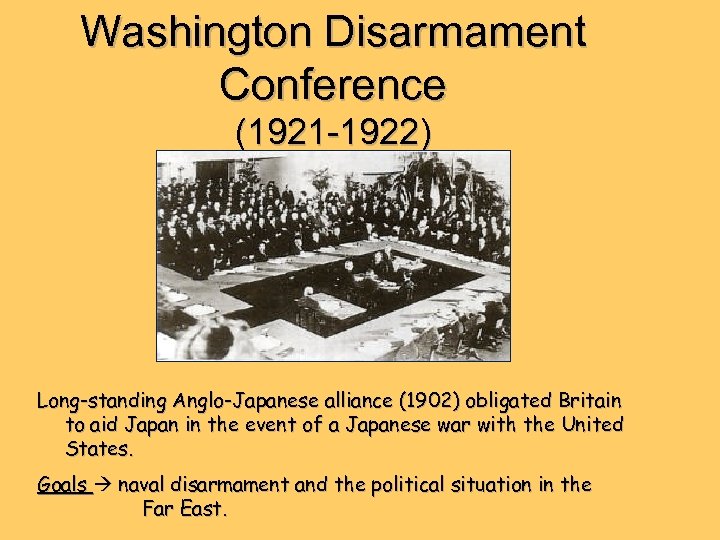Washington Disarmament Conference (1921 -1922) Long-standing Anglo-Japanese alliance (1902) obligated Britain to aid Japan