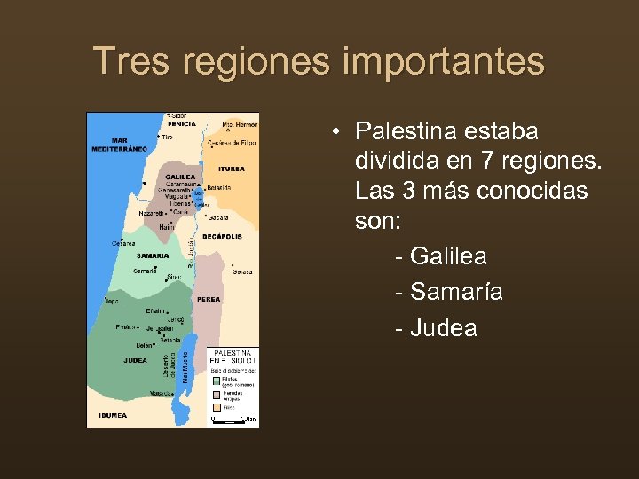 Tres regiones importantes • Palestina estaba dividida en 7 regiones. Las 3 más conocidas