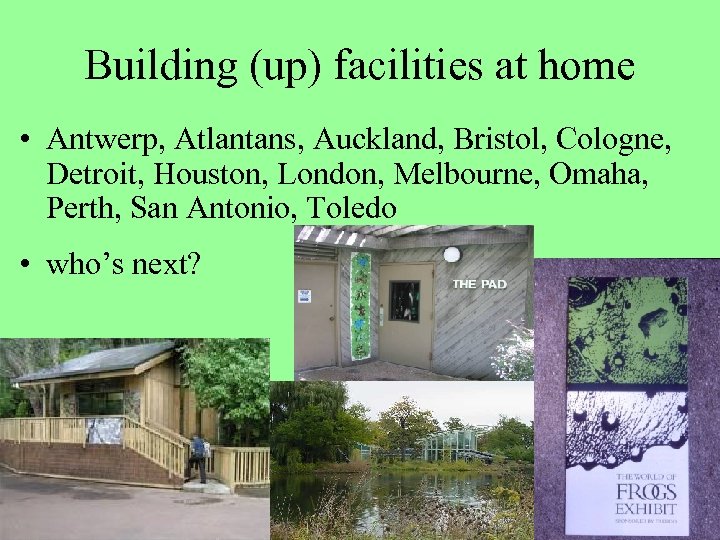 Building (up) facilities at home • Antwerp, Atlantans, Auckland, Bristol, Cologne, Detroit, Houston, London,