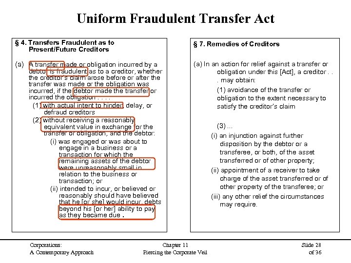 Uniform Fraudulent Transfer Act § 4. Transfers Fraudulent as to Present/Future Creditors § 7.