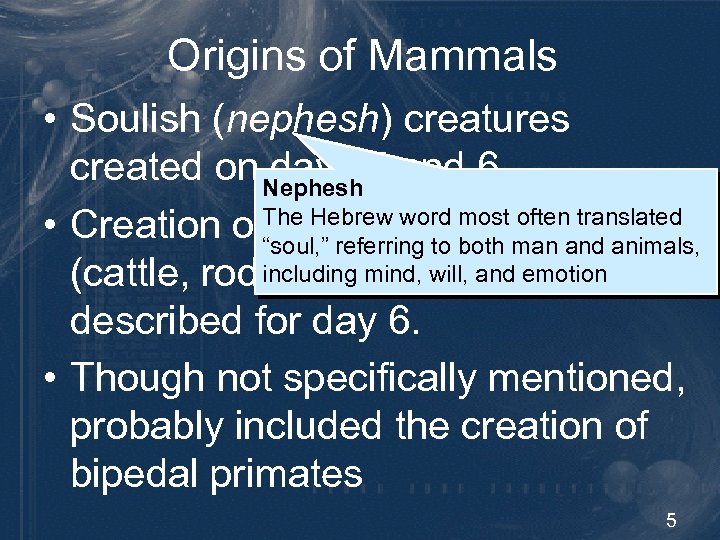 Origins of Mammals • Soulish (nephesh) creatures created on days 5 and 6 Nephesh