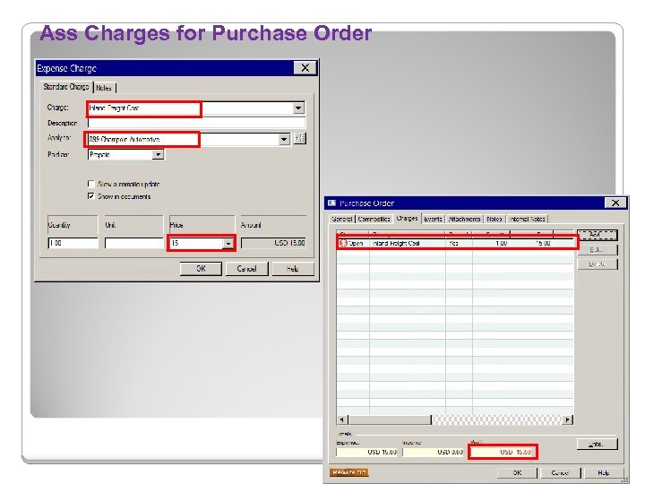 Ass Charges for Purchase Order 