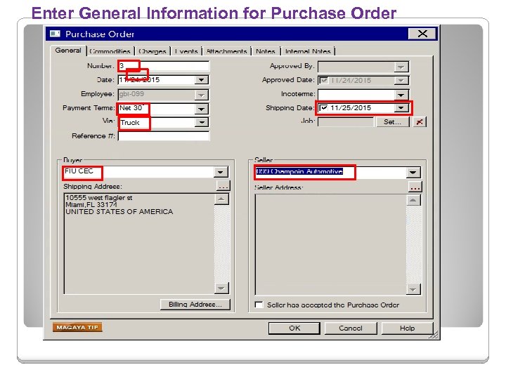 Enter General Information for Purchase Order 