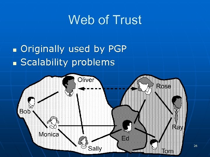 Web of Trust n n Originally used by PGP Scalability problems 26 