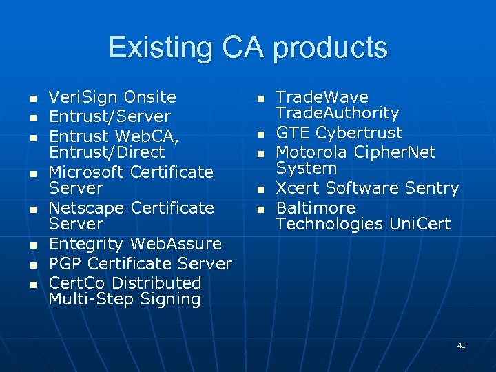 Existing CA products n n n n Veri. Sign Onsite Entrust/Server Entrust Web. CA,