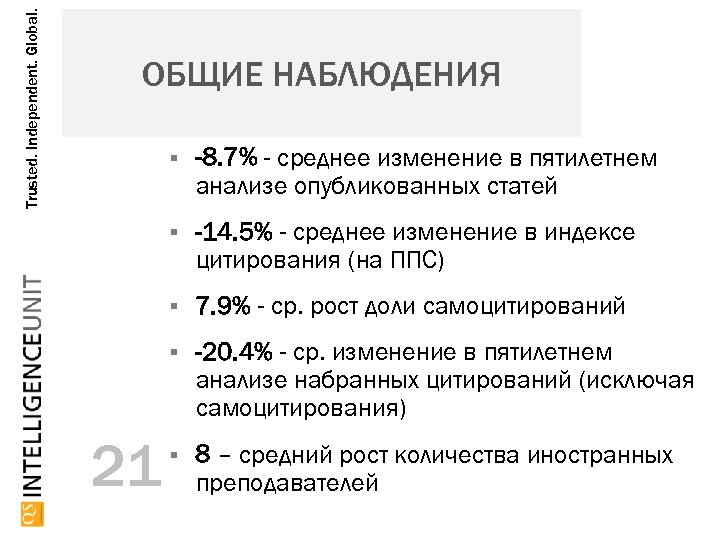Trusted. Independent. Global. ОБЩИЕ НАБЛЮДЕНИЯ -14. 5% - среднее изменение в индексе цитирования (на