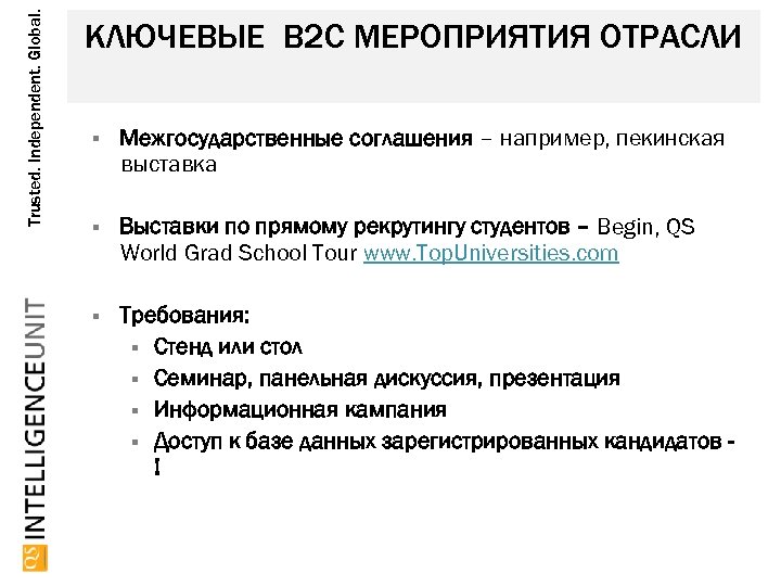 Trusted. Independent. Global. КЛЮЧЕВЫЕ B 2 C МЕРОПРИЯТИЯ ОТРАСЛИ Межгосударственные соглашения – например, пекинская