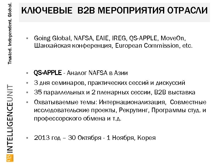 Trusted. Independent. Global. КЛЮЧЕВЫЕ B 2 B МЕРОПРИЯТИЯ ОТРАСЛИ Going Global, NAFSA, EAIE, IREG,