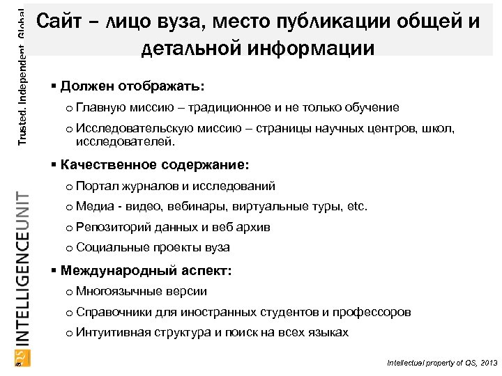 Trusted. Independent. Global. Сайт – лицо вуза, место публикации общей и детальной информации Должен