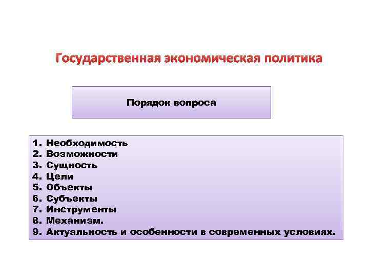 Государственная экономическая политика Порядок вопроса 1. 2. 3. 4. 5. 6. 7. 8. 9.