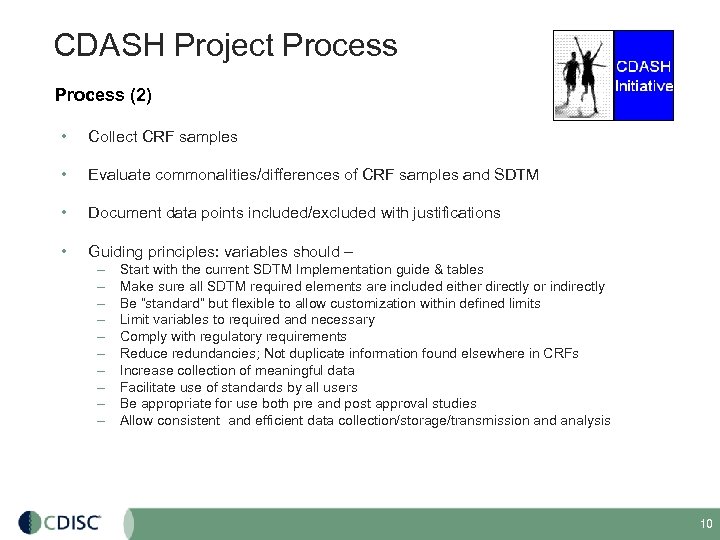 CDASH Project Process (2) • Collect CRF samples • Evaluate commonalities/differences of CRF samples