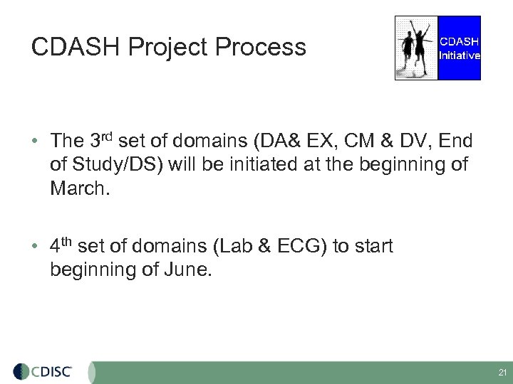 CDASH Project Process • The 3 rd set of domains (DA& EX, CM &