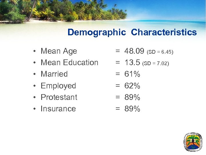 Demographic Characteristics • • • Mean Age Mean Education Married Employed Protestant Insurance =