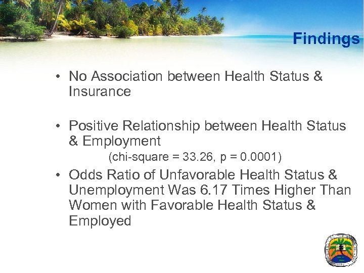 Findings • No Association between Health Status & Insurance • Positive Relationship between Health