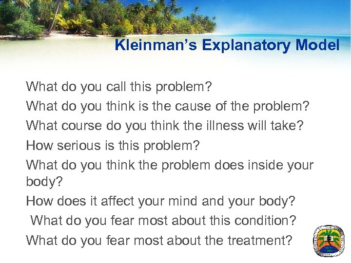 Kleinman’s Explanatory Model What do you call this problem? What do you think is