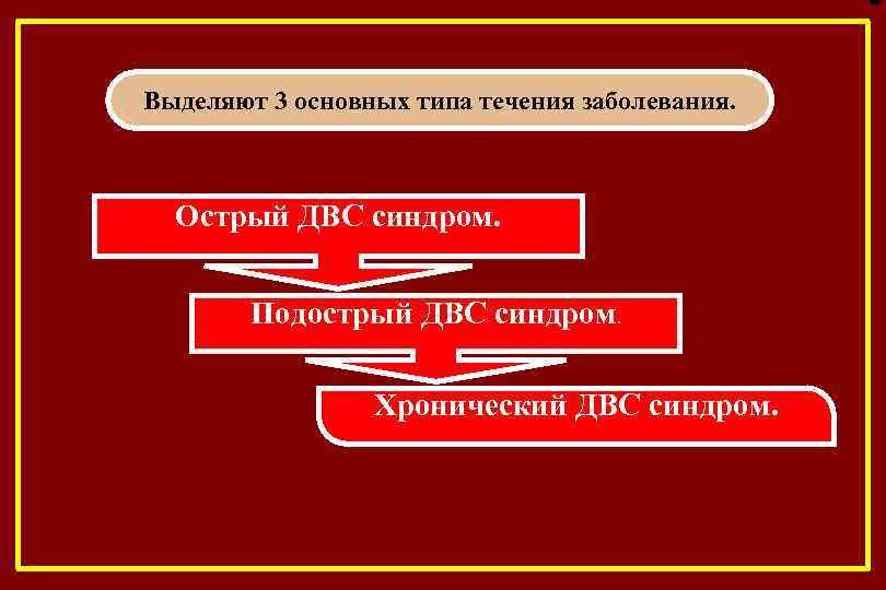 Выделяют 3 основных типа течения заболевания. Острый ДВС синдром. Подострый ДВС синдром. Хронический ДВС