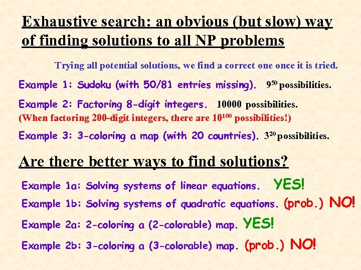 Exhaustive search: an obvious (but slow) way of finding solutions to all NP problems