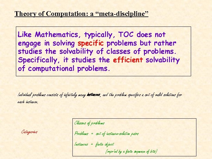 Theory of Computation: a “meta-discipline” Like Mathematics, typically, TOC does not engage in solving