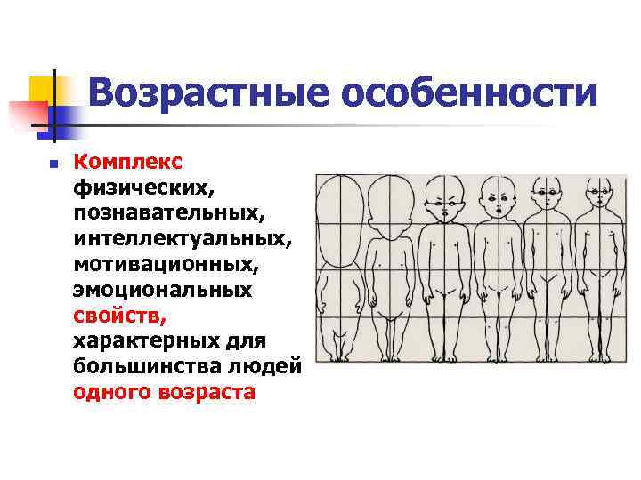 Возрастные особенности n Комплекс физических, познавательных, интеллектуальных, мотивационных, эмоциональных свойств, характерных для большинства людей