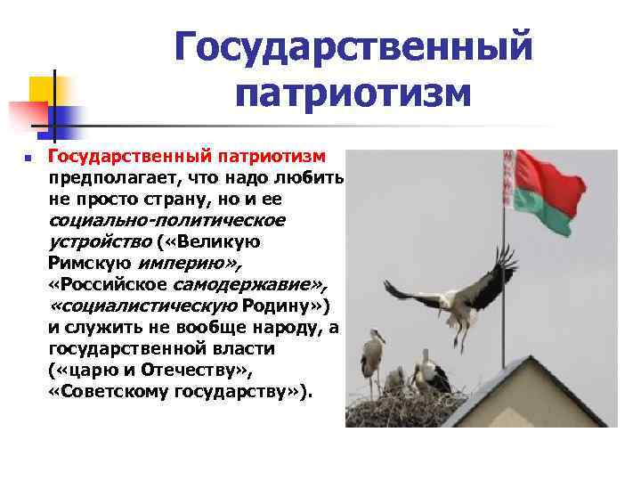 Государственный патриотизм n Государственный патриотизм предполагает, что надо любить не просто страну, но и