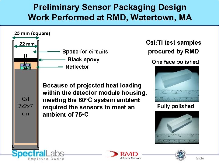 Preliminary Sensor Packaging Design Work Performed at RMD, Watertown, MA 25 mm (square) 22