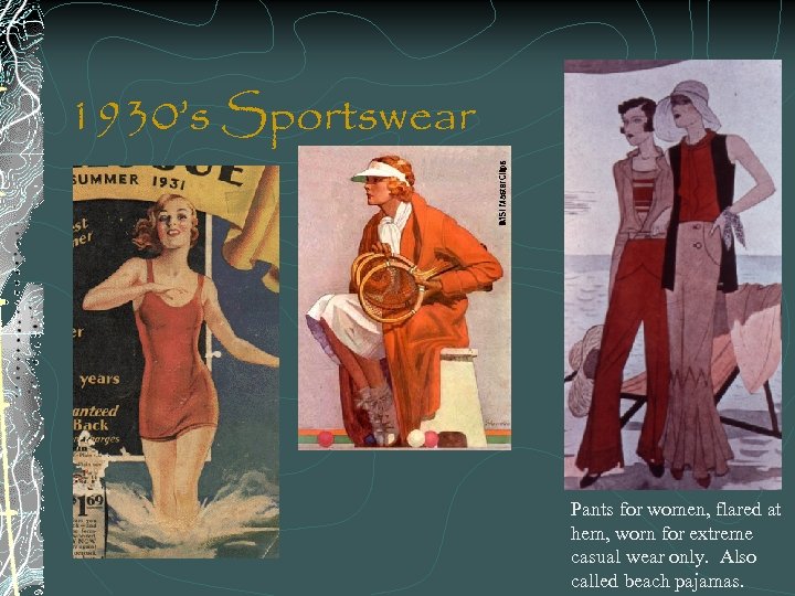1930’s Sportswear Pants for women, flared at hem, worn for extreme casual wear only.