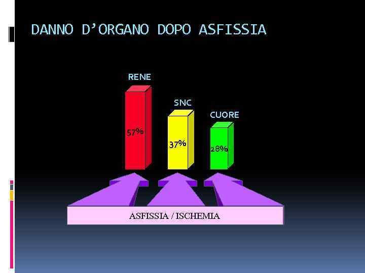 DANNO D’ORGANO DOPO ASFISSIA RENE SNC CUORE 57% 37% 28% ASFISSIA / ISCHEMIA 