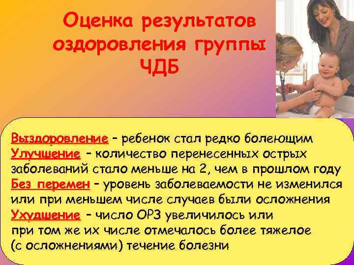 Оценка результатов оздоровления группы ЧДБ Выздоровление – ребенок стал редко болеющим Улучшение – количество