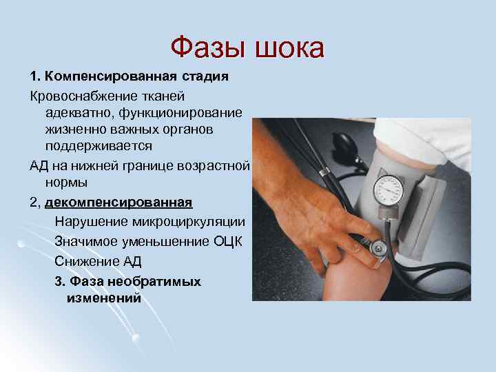 Фазы шока 1. Компенсированная стадия Кровоснабжение тканей адекватно, функционирование жизненно важных органов поддерживается АД
