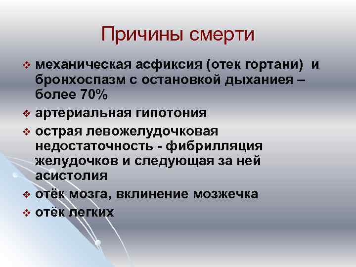 Причины смерти механическая асфиксия (отек гортани) и бронхоспазм с остановкой дыханиея – более 70%