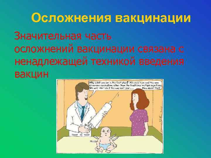 Осложнения вакцинации Значительная часть осложнений вакцинации связана с ненадлежащей техникой введения вакцин 