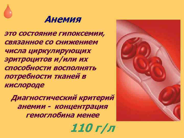Анемия это состояние гипоксемии, связанное со снижением числа циркулирующих эритроцитов и/или их способности восполнять