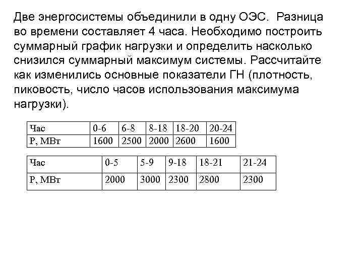 Две энергосистемы объединили в одну ОЭС. Разница во времени составляет 4 часа. Необходимо построить